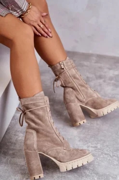 Clearance Boto Damskie Zamszowe Botki Na Platformie Beżowe Edna