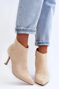 Damskie Boto Damskie Zamszowe Botki Na Szpilce Jasnobeżowe Merisa