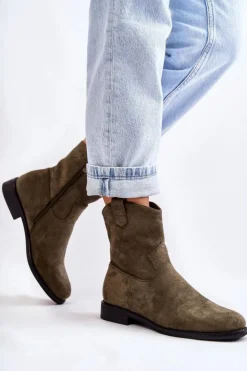 Hot Damskie buty S.Barski Damskie Zamszowe Botki Na Płaskim Obcasie Zielone Fiorenz