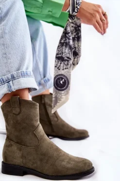 Hot Damskie buty S.Barski Damskie Zamszowe Botki Na Płaskim Obcasie Zielone Fiorenz