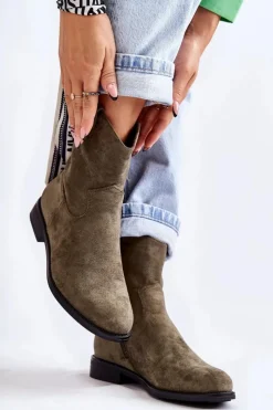 Hot Damskie buty S.Barski Damskie Zamszowe Botki Na Płaskim Obcasie Zielone Fiorenz