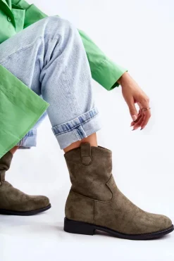 Hot Damskie buty S.Barski Damskie Zamszowe Botki Na Płaskim Obcasie Zielone Fiorenz