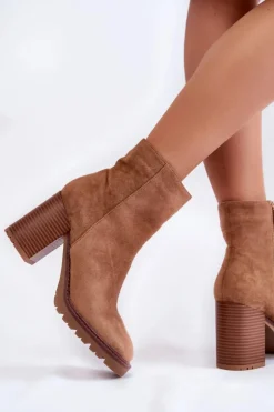 Damskie Boto Damskie Zamszowe Botki Na Słupku Z Suwakiem Camel Odette