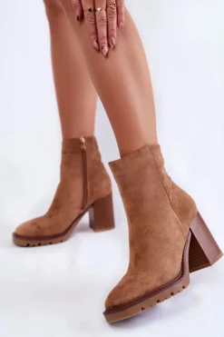 Damskie Boto Damskie Zamszowe Botki Na Słupku Z Suwakiem Camel Odette