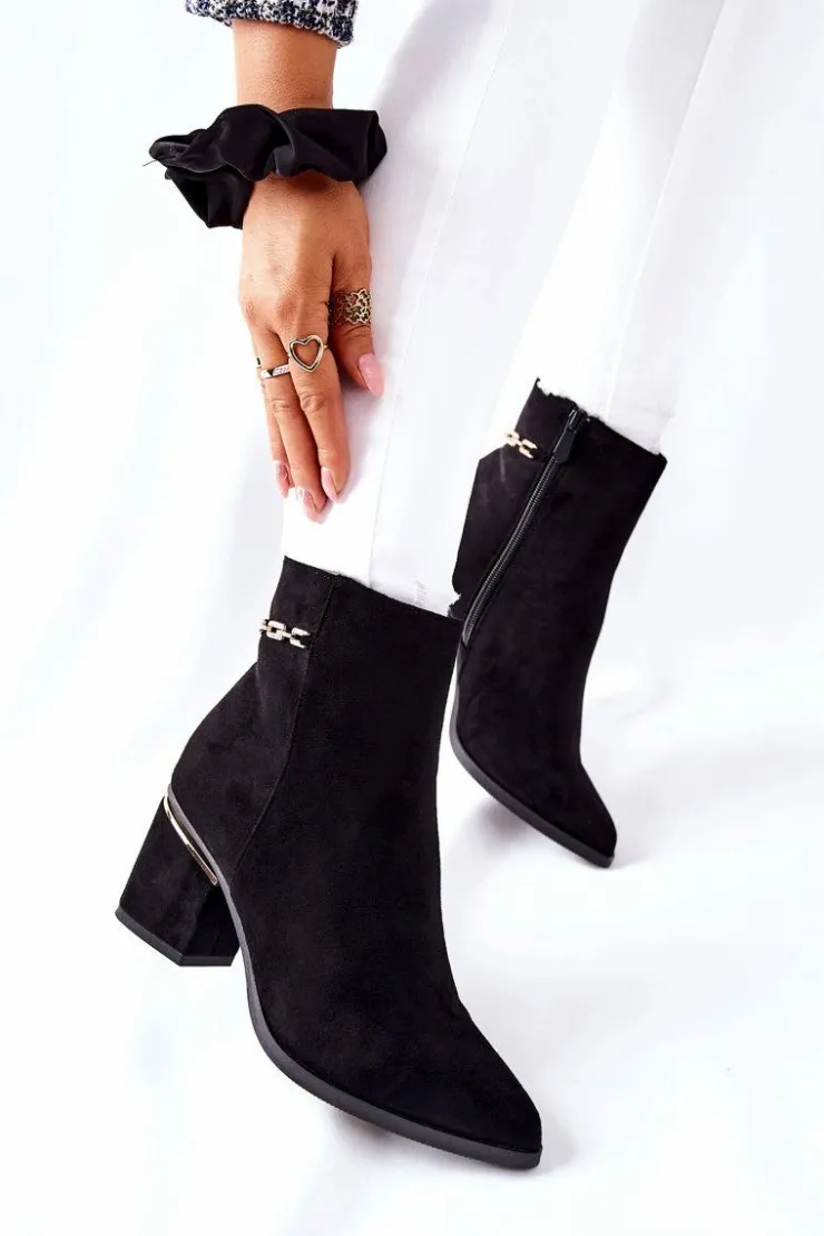 Outlet Boto Damskie Zamszowe Botki Na Słupku Czarne One Step