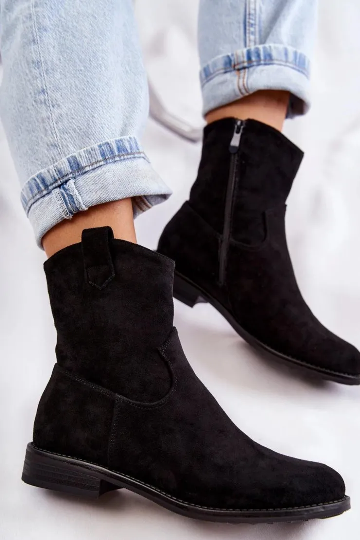 Damskie buty S.Barski Botki Wiosenne|Czarne Botki*Damskie Zamszowe Botki Na Płaskim Obcasie Czarne Fiorenz