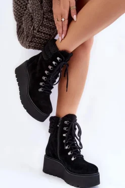 Outlet Boto Damskie Zamszowe Botki Na Koturnie Czarne Lemar Meniko