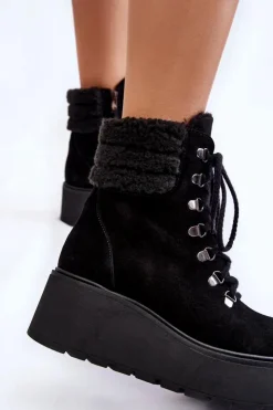 Outlet Boto Damskie Zamszowe Botki Na Koturnie Czarne Lemar Meniko