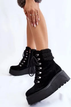 Outlet Boto Damskie Zamszowe Botki Na Koturnie Czarne Lemar Meniko