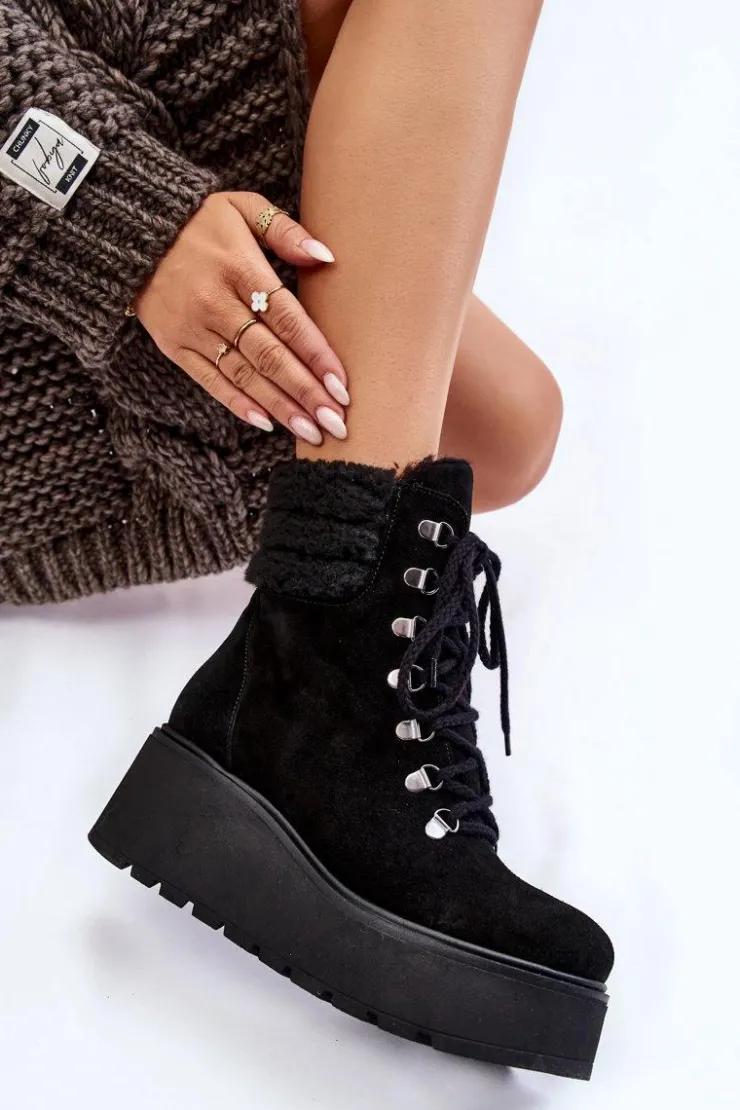 Outlet Boto Damskie Zamszowe Botki Na Koturnie Czarne Lemar Meniko