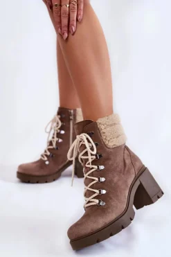 Damskie Boto Damskie Zamszowe Botki Sznurowane Na Obcasie Brązowe Lemar Fenya