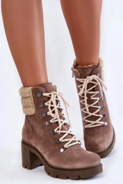 Damskie Boto Damskie Zamszowe Botki Sznurowane Na Obcasie Brązowe Lemar Fenya