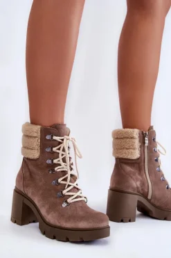 Damskie Boto Damskie Zamszowe Botki Sznurowane Na Obcasie Brązowe Lemar Fenya