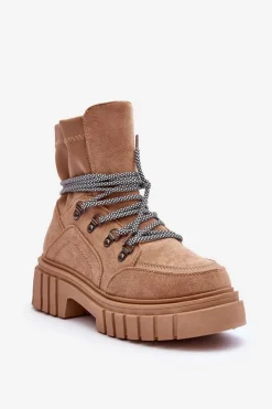 Damskie Boto Damskie Zamszowe Botki Sznurowane Ciemnobeżowe Acorn