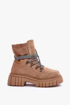Damskie Boto Damskie Zamszowe Botki Sznurowane Ciemnobeżowe Acorn