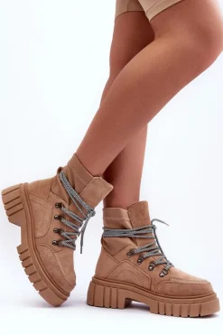 Damskie Boto Damskie Zamszowe Botki Sznurowane Ciemnobeżowe Acorn