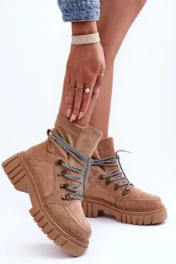Damskie Boto Damskie Zamszowe Botki Sznurowane Ciemnobeżowe Acorn