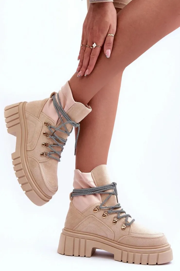 Online Boto Damskie Zamszowe Botki Sznurowane Beżowe Acorn Beżowy