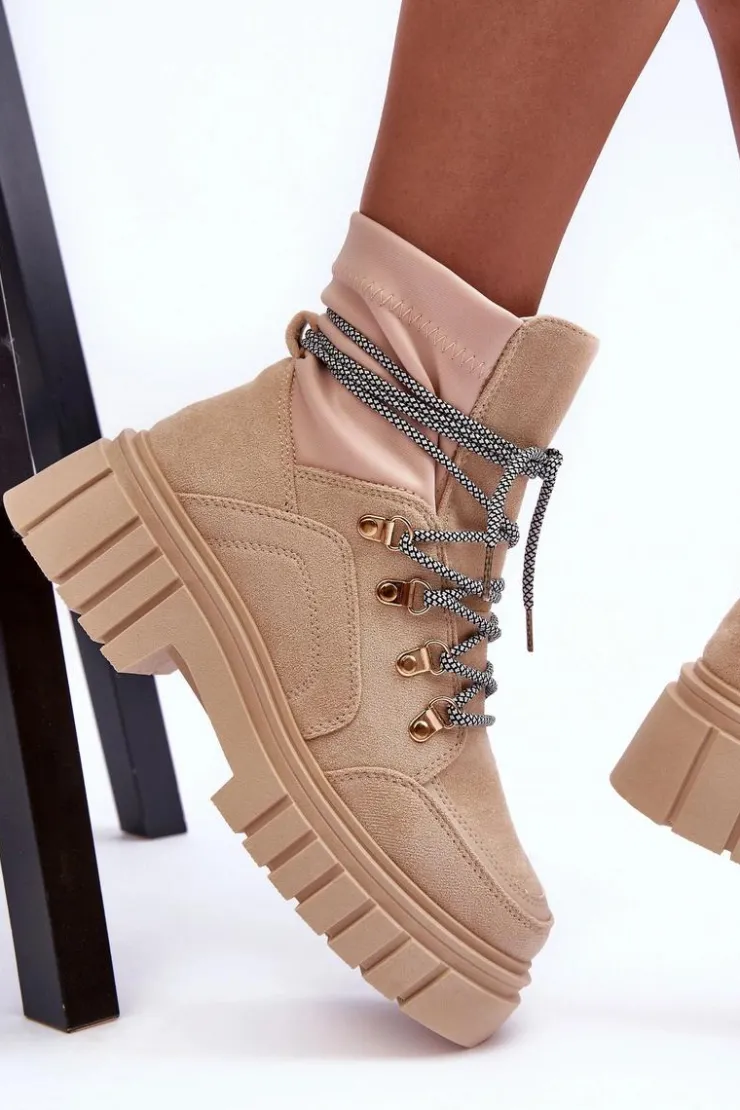 Online Boto Damskie Zamszowe Botki Sznurowane Beżowe Acorn Beżowy