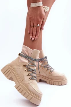 Online Boto Damskie Zamszowe Botki Sznurowane Beżowe Acorn Beżowy