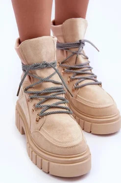 Online Boto Damskie Zamszowe Botki Sznurowane Beżowe Acorn Beżowy