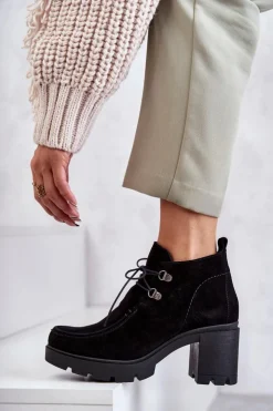 Damskie Boto Damskie Zamszowe Botki Wiązane Czarne Lemar Marianne