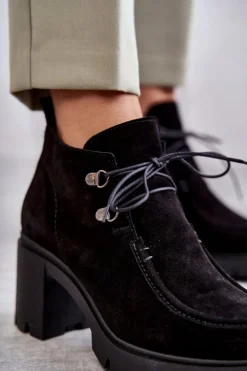 Damskie Boto Damskie Zamszowe Botki Wiązane Czarne Lemar Marianne