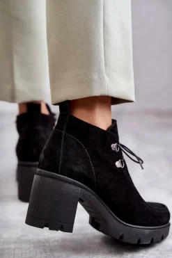 Damskie Boto Damskie Zamszowe Botki Wiązane Czarne Lemar Marianne