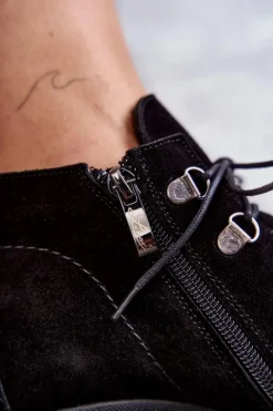 Damskie Boto Damskie Zamszowe Botki Wiązane Czarne Lemar Marianne