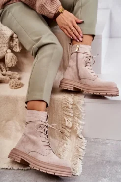 Damskie buty S.Barski Damskie Zamszowe Botki Wiązane Beżowe Afra