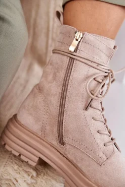 Damskie buty S.Barski Damskie Zamszowe Botki Wiązane Beżowe Afra