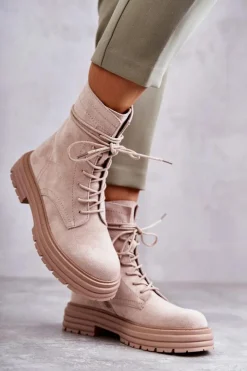 Damskie buty S.Barski Damskie Zamszowe Botki Wiązane Beżowe Afra