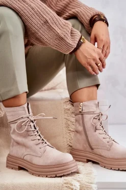 Damskie buty S.Barski Damskie Zamszowe Botki Wiązane Beżowe Afra