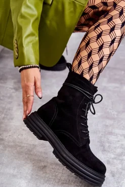 Damskie Damskie buty S.Barski Damskie Zamszowe Botki Wiązane Czarne Afra