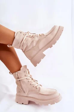 Damskie Boto Damskie Zamszowe Botki Wiązane Beżowe Vanita