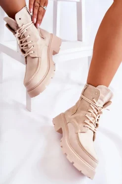 Damskie Boto Damskie Zamszowe Botki Wiązane Beżowe Vanita
