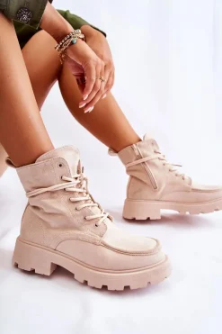 Damskie Boto Damskie Zamszowe Botki Wiązane Beżowe Vanita