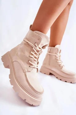 Damskie Boto Damskie Zamszowe Botki Wiązane Beżowe Vanita