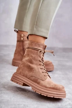 Damskie Damskie buty S.Barski Damskie Zamszowe Botki Wiązane Camel Afra