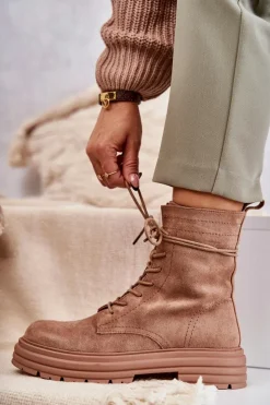 Damskie Damskie buty S.Barski Damskie Zamszowe Botki Wiązane Camel Afra