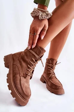 Boto Botki Ocieplane|Botki Sznurowane*Damskie Zamszowe Botki Wiązane Brązowe Vanita Brązowy