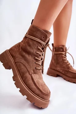 Boto Botki Ocieplane|Botki Sznurowane*Damskie Zamszowe Botki Wiązane Brązowe Vanita Brązowy