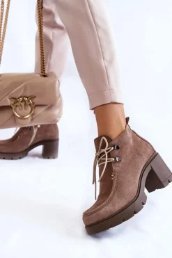 Clearance Boto Damskie Zamszowe Botki Wiązane Jasnobrązowe Lemar Marianne