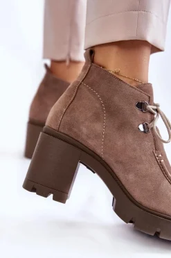 Clearance Boto Damskie Zamszowe Botki Wiązane Jasnobrązowe Lemar Marianne