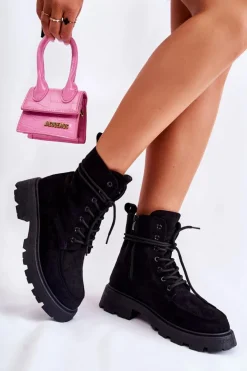 Damskie Boto Damskie Zamszowe Botki Wiązane Czarne Vanita