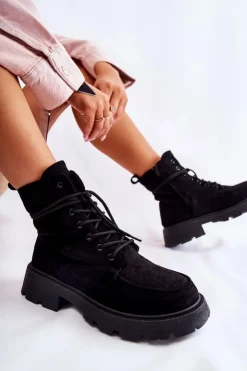 Damskie Boto Damskie Zamszowe Botki Wiązane Czarne Vanita