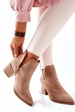 Boto Botki Wiosenne|Botki Na Słupku*Damskie Zamszowe Botki Z Wycięciami Khaki Noel