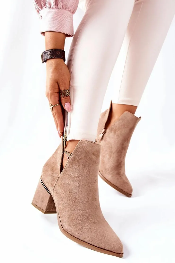 Boto Botki Wiosenne|Botki Na Słupku*Damskie Zamszowe Botki Z Wycięciami Khaki Noel