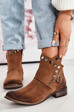 Damskie Boto Damskie Zamszowe Botki Z Klamrą Exquisite 1198 Koniak