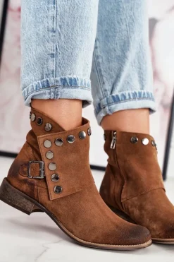 Damskie Boto Damskie Zamszowe Botki Z Klamrą Exquisite 1198 Koniak